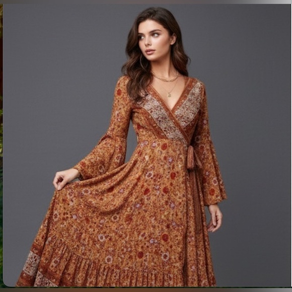 Boho Floral Print Bell Sleeve Tie Front Wrap Dress - Picture 7 of 13